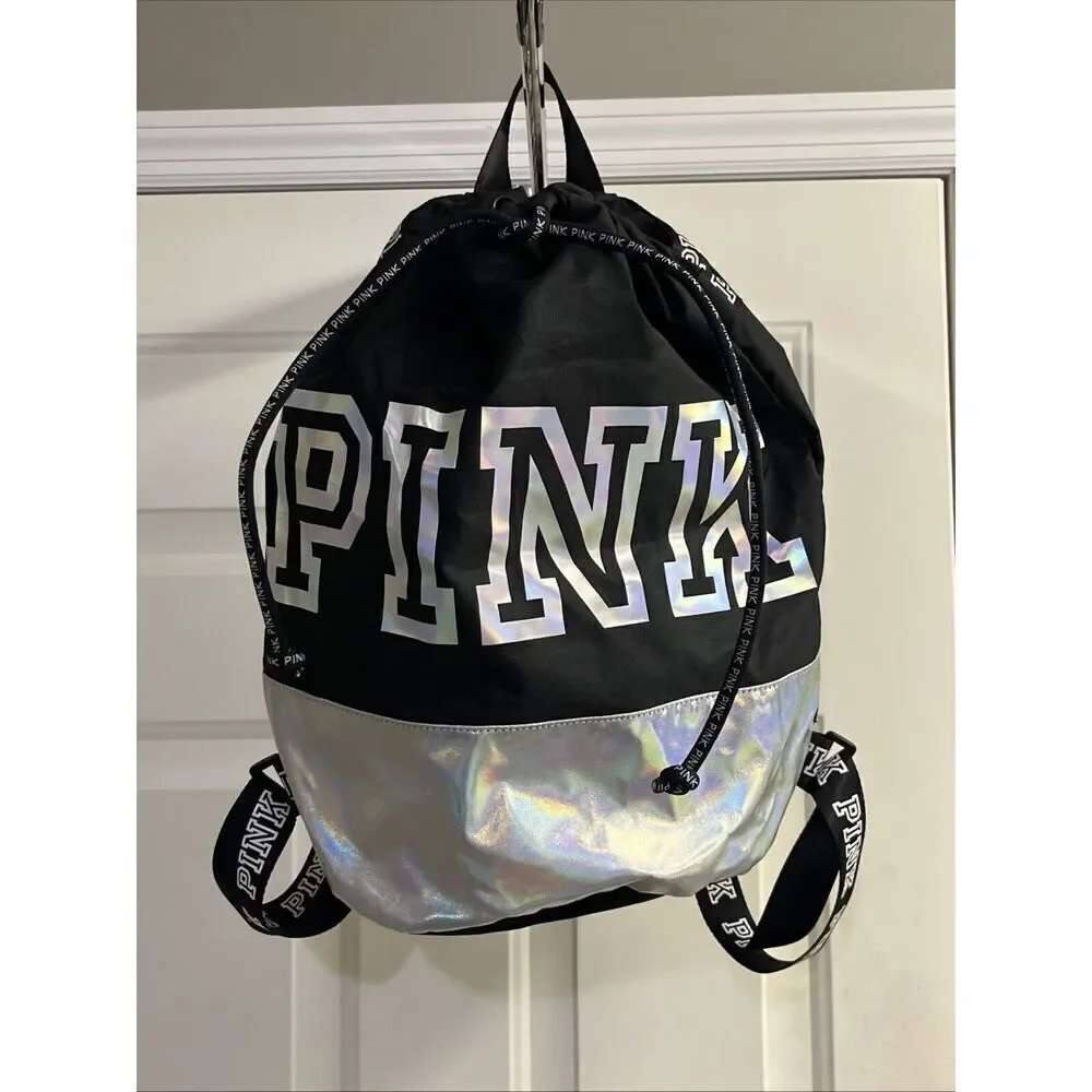 PINK Victoria's Secret Cinch Drawstring Large Back Pack Black/Silver NWOT